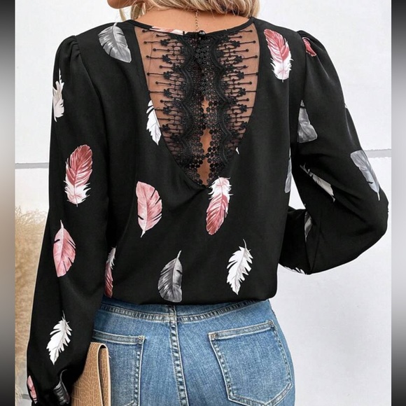 Black Feather Print Sheer mesh Lace Back Long Sleeve Blouse Top Shirt - Picture 4 of 5